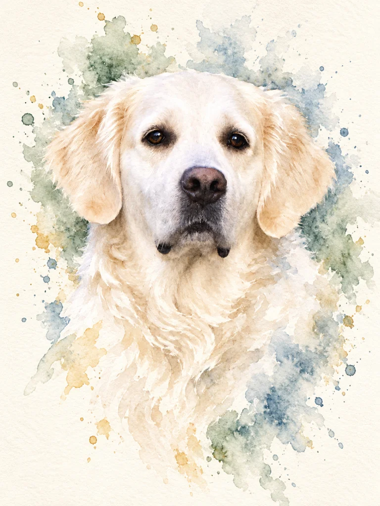 Après : interprétation du même golden retriever dans le style Aquarelle